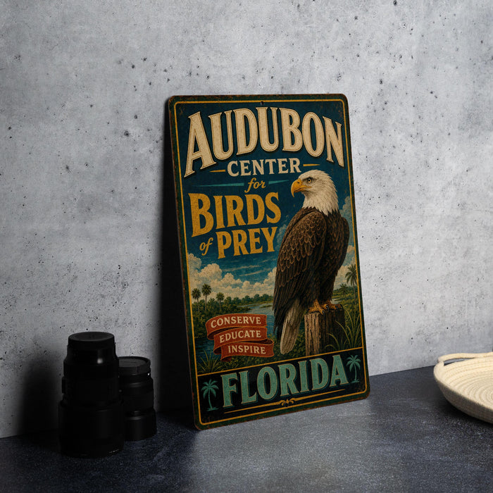A vintage-style sign for Audubon Center for Birds of Prey in Florida, featuring an eagle perched on a tree branch.