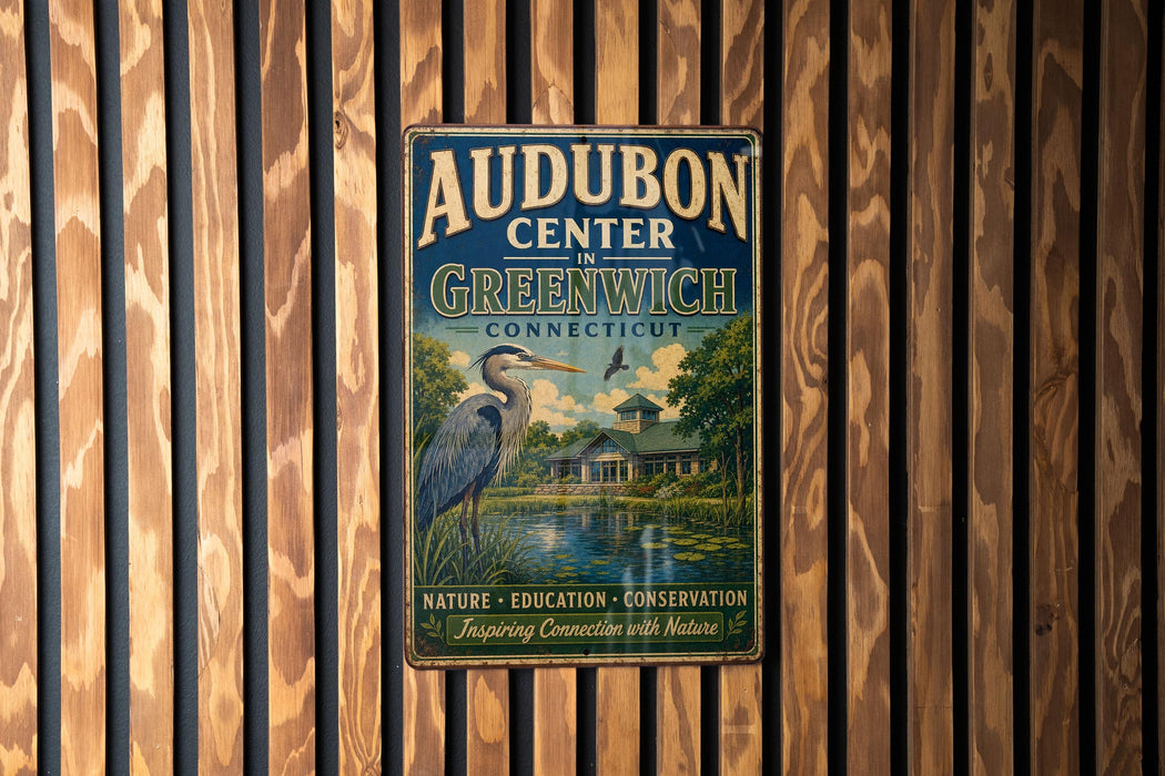 A vintage metal sign for Audubon Center in Greenwich, Connecticut, featuring a blue background with a bird illustration and text promoting nature, education, and conservation.