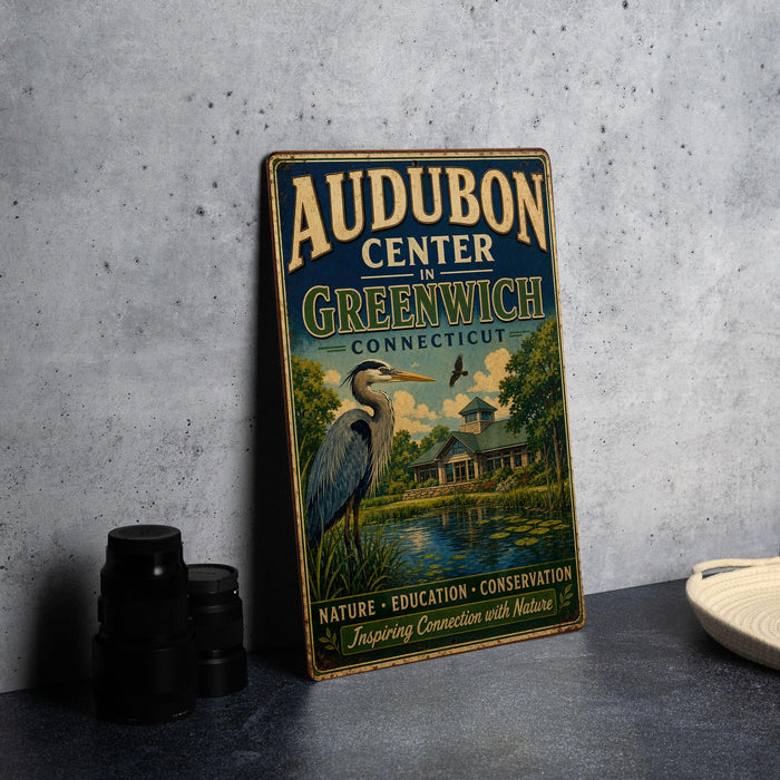 a vintage metal sign with the text "AUDUBON CENTER IN GREENWICH CONNECTICUT" and an illustration of a bird standing on a pond.