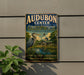A vintage-style metal sign for Audubon Center in Greenwich, Connecticut, featuring a large blue heron and a house in the background.