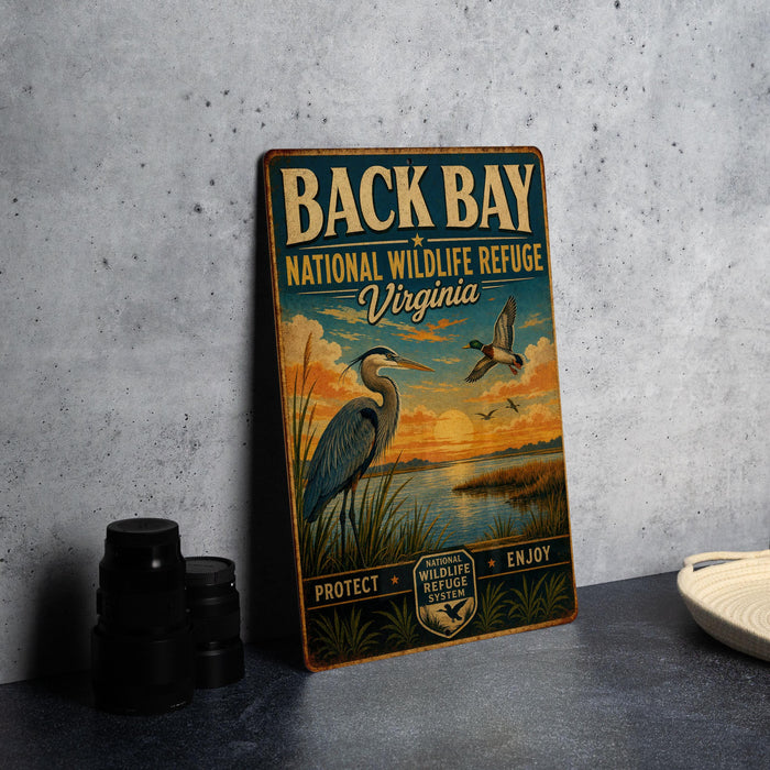 A vintage-style metal sign for the National Wildlife Refuge in Virginia, featuring an illustration of a bird and a sunset over a body of water.
