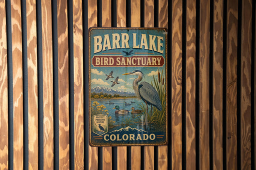 A vintage metal sign for the "Barr Lake Bird Sanctuary" in Colorado, featuring a large bird and a serene landscape.