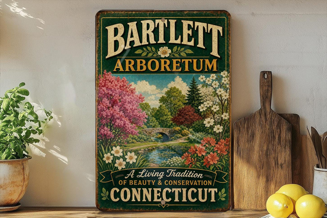 A vintage-style sign for Bartlett Arboretum in Connecticut, featuring a garden scene with pink and white flowers, a bridge, and a tree.