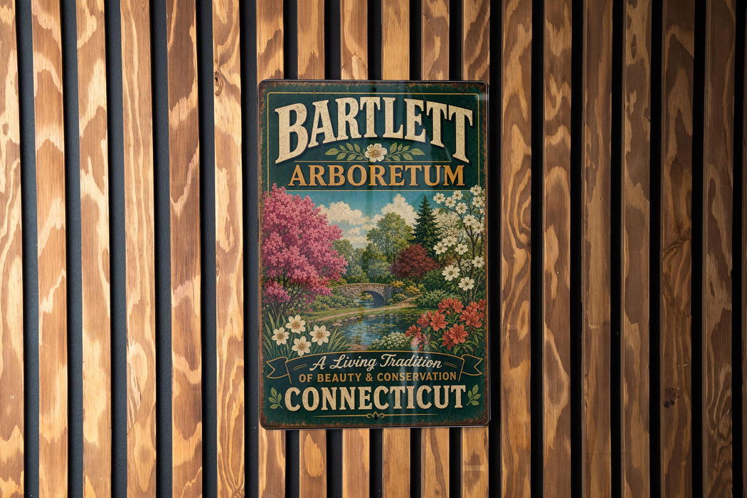 A vintage-style metal sign for Bartlett Arboretum in Connecticut, featuring a scenic landscape with trees, flowers, and a bridge.