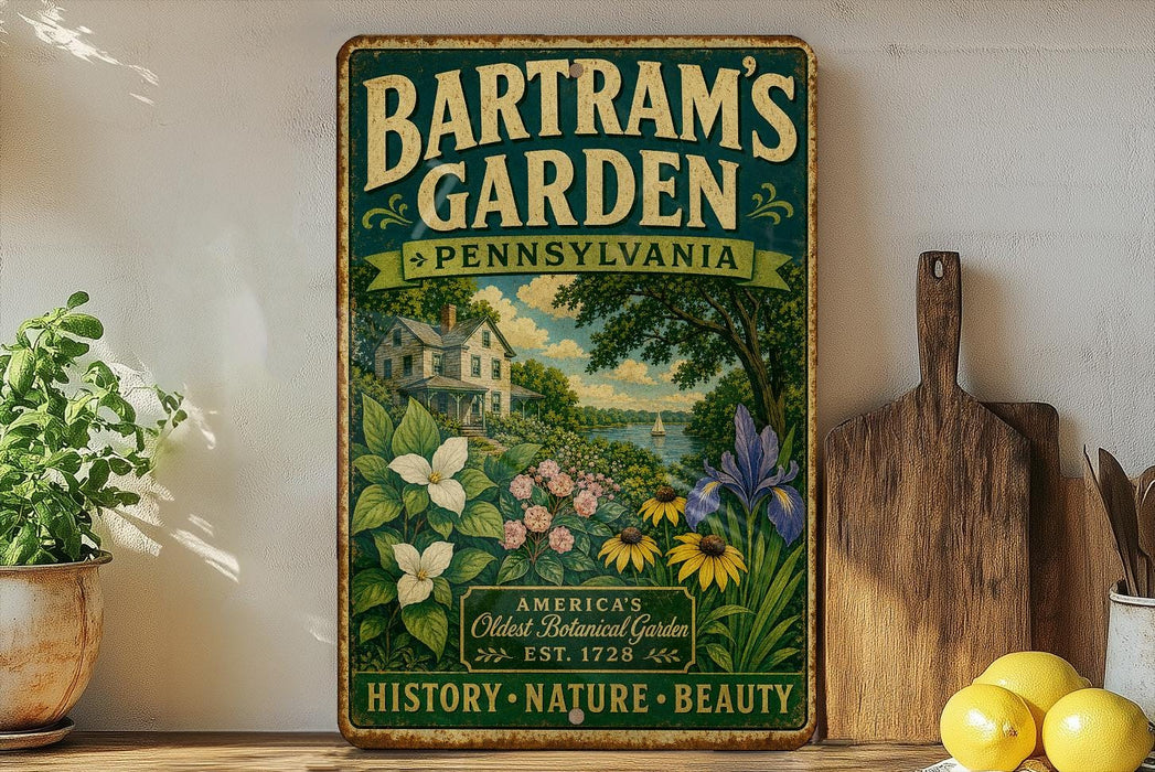 A vintage-style metal sign for "Bartram's Garden" in Pennsylvania, featuring a lush garden scene with flowers and a house.