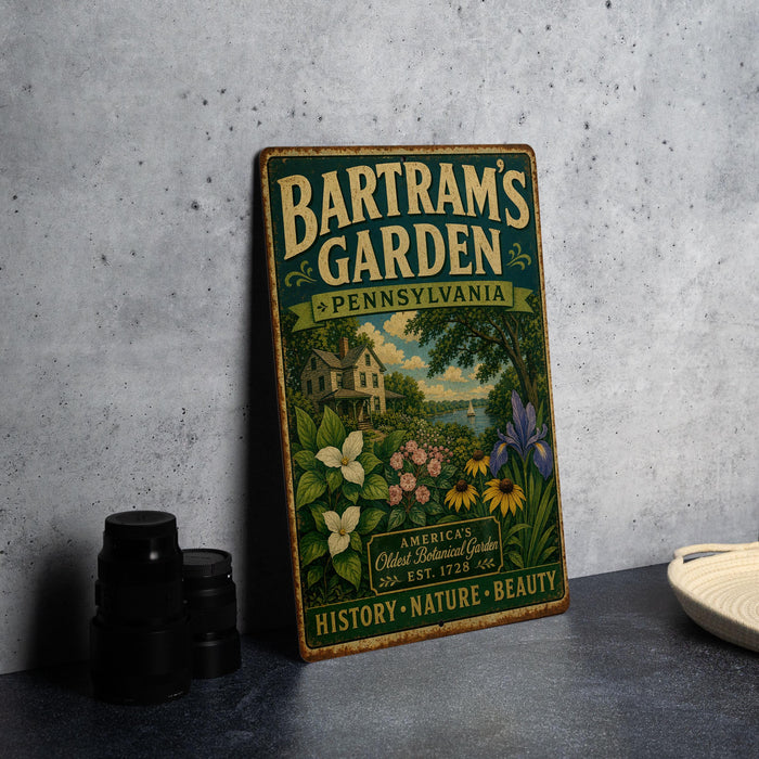 A vintage-style metal sign for "Barram's Garden" in Pennsylvania, featuring an illustration of a garden with flowers and a house.