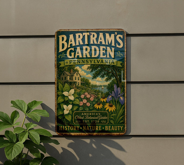 A vintage-style metal sign for Bartram's Garden in Pennsylvania, featuring a lush garden scene with flowers, plants, and a house.