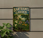 A vintage-style metal sign for Bartram's Garden in Pennsylvania, featuring a lush garden scene with flowers, plants, and a house.