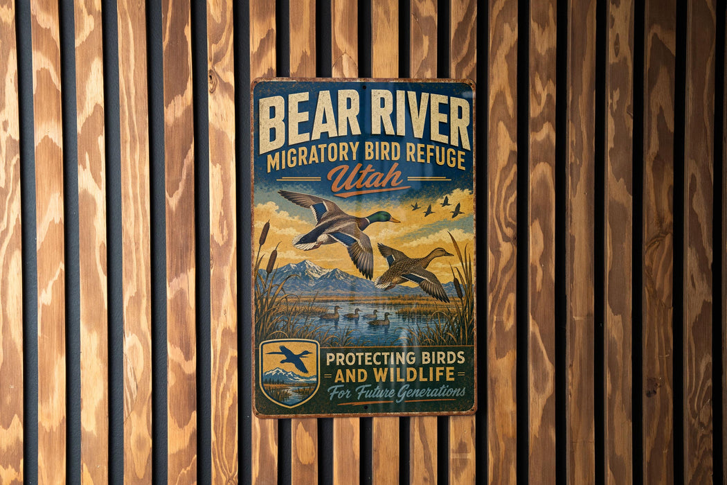 A vintage metal sign with a bird illustration and text, mounted on a wooden wall.