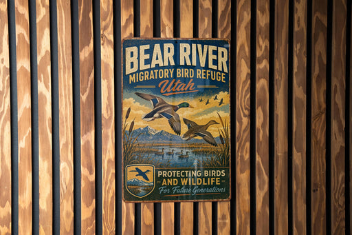 A vintage metal sign with a bird illustration and text, mounted on a wooden wall.