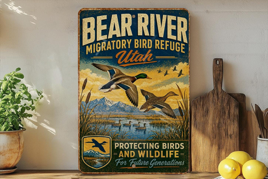 A vintage-style metal sign with a bird illustration and text, mounted on a wall next to a wooden cutting board and some potted plants.