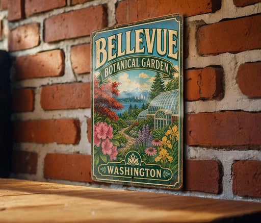 A vintage-style metal sign for the Bellevue Botanical Garden in Washington, featuring a lush garden scene with colorful flowers and a greenhouse.