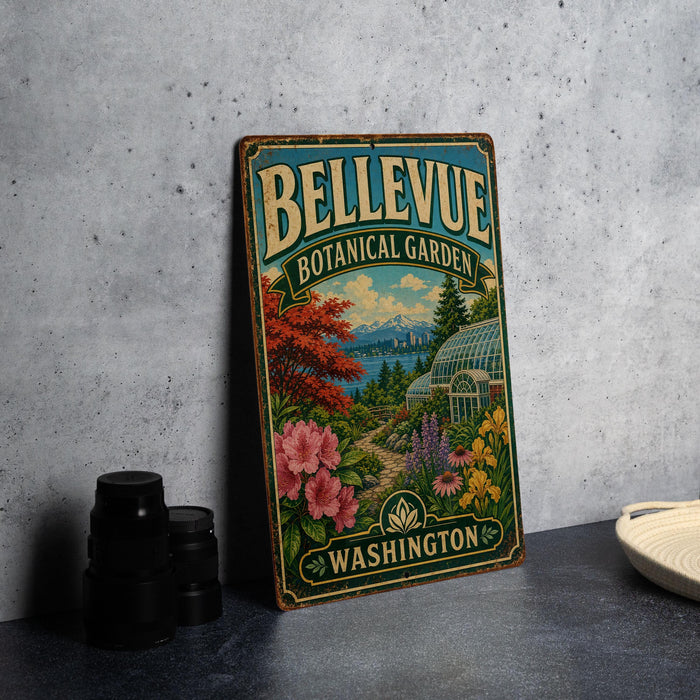 A vintage-style metal sign for the Bellevue Botanical Garden in Washington, featuring a colorful illustration of the garden and surrounding landscape.