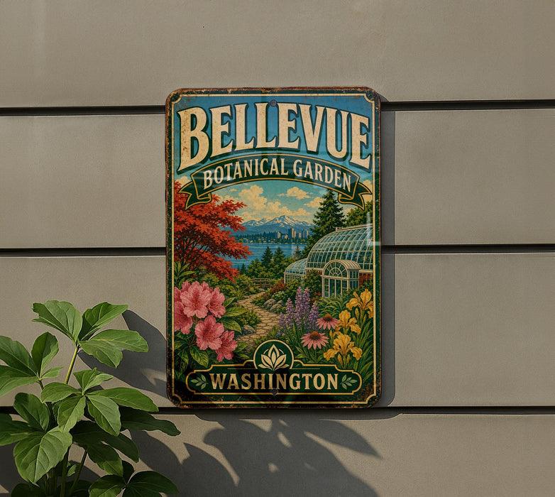 A vintage-style metal sign for the Bellevue Botanical Garden in Washington, featuring a colorful illustration of the garden and surrounding landscape.