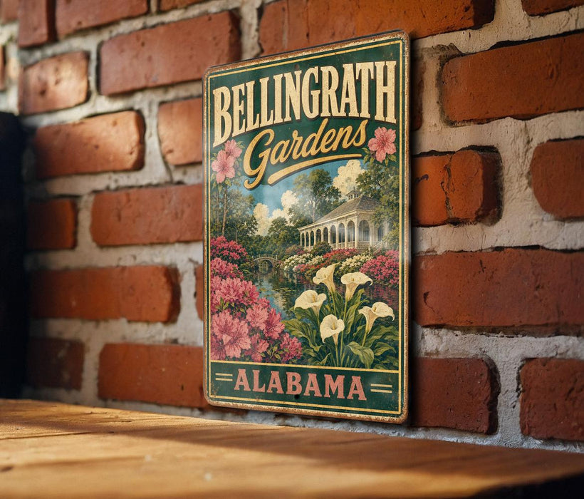 A vintage-style metal sign for Bellingham Gardens in Alabama, featuring a garden scene with pink flowers and a white house.