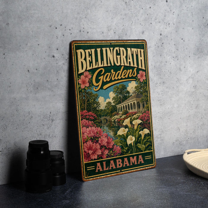 A vintage-style metal sign for Bellingham Gardens in Alabama, featuring a garden scene with pink flowers and greenery.