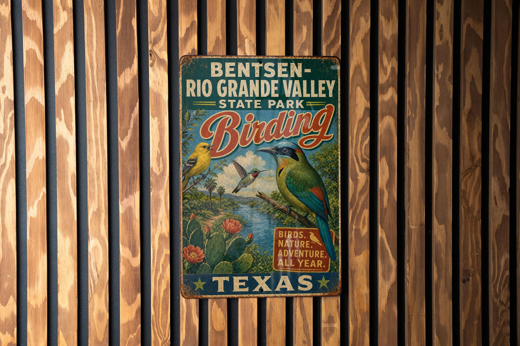 A vintage metal sign for Bentsen-Rio Grande Valley State Park, featuring a colorful illustration of birds and cacti, with the text "Bentsen-Rio Grande Valley State Park" and "Birds, Nature, Adventure, All Year."