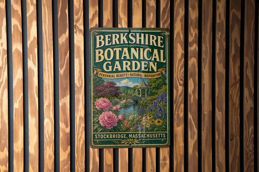 A vintage-style metal sign for the Berkshire Botanical Garden, featuring a garden scene with pink flowers and a bridge in the background.