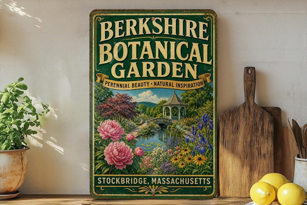 A vintage-style metal sign for the Berkshire Botanical Garden, featuring a garden scene with a gazebo, flowers, and a pond.