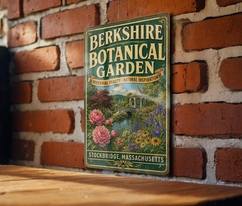 A vintage-style metal sign for the Berkshire Botanical Garden, featuring a garden scene with pink flowers and a bridge in the background.