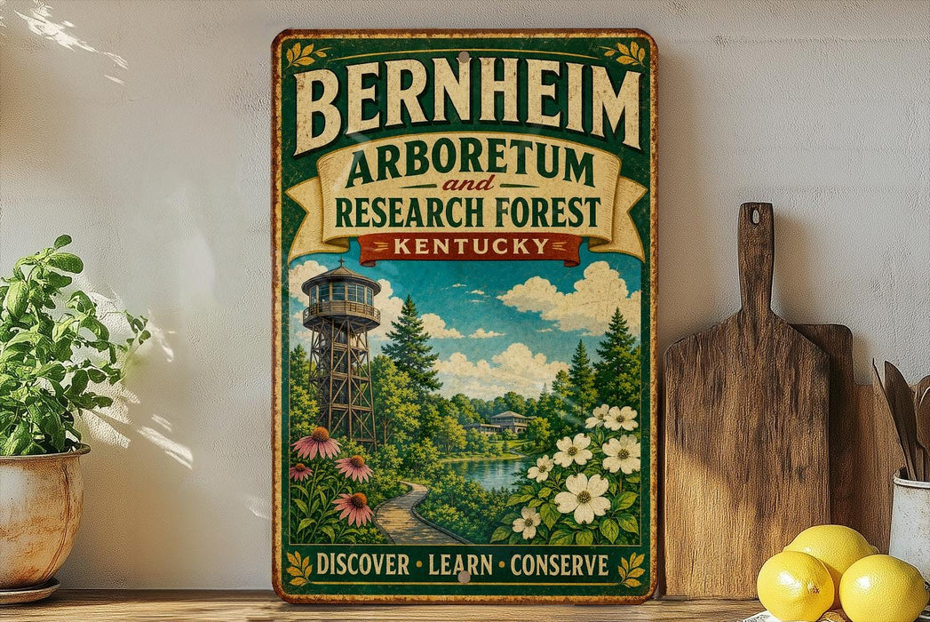 A vintage-style sign for Bernheim Arboretum and Research Forest in Kentucky, featuring a scenic illustration of a forest, a tower, and flowers.