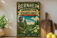 A vintage-style sign for Bernheim Arboretum and Research Forest in Kentucky, featuring a scenic illustration of a forest, a tower, and flowers.