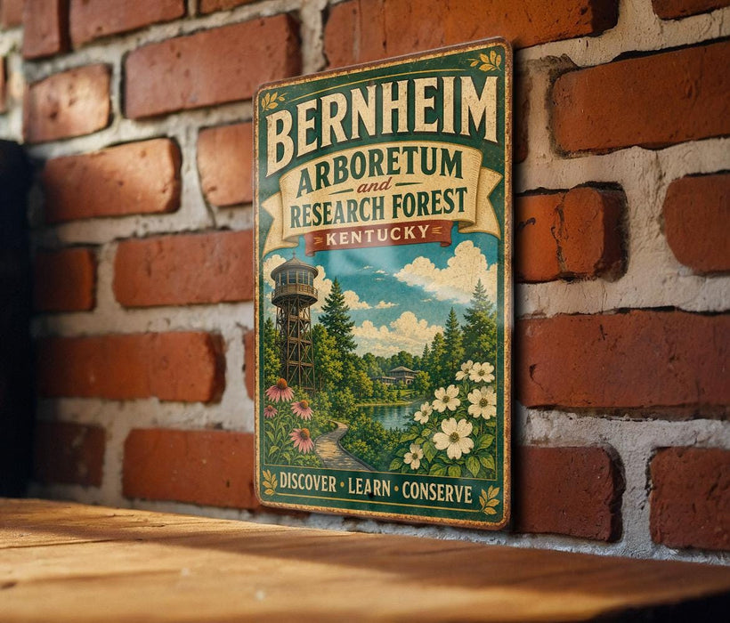 A vintage-style metal sign for the Bernheim Arboretum and Research Forest in Kentucky, featuring a scenic landscape with a water tower and flowers.