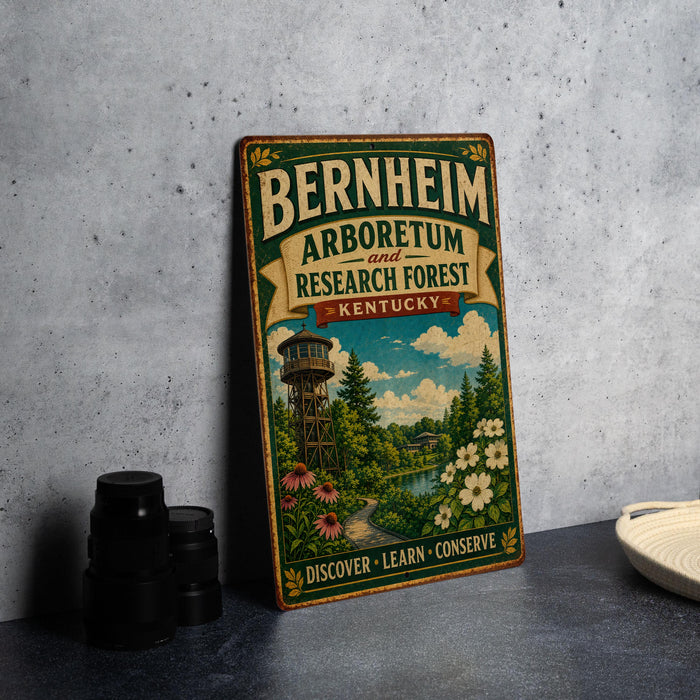 A vintage-style metal sign for the Bernheim Arboretum and Research Forest in Kentucky, featuring a scenic illustration of the forest and a tower.