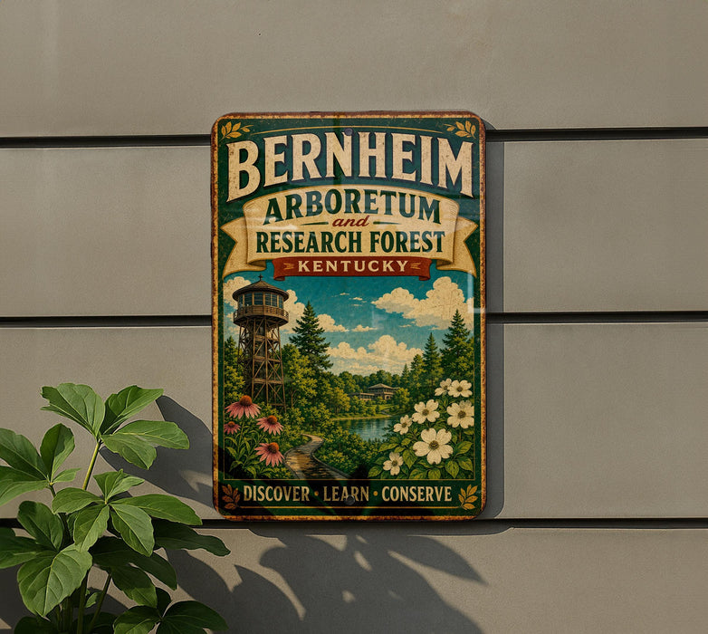 A vintage-style sign for the Bernheim Arboretum and Research Forest in Kentucky, featuring a scenic landscape with a tower and flowers.