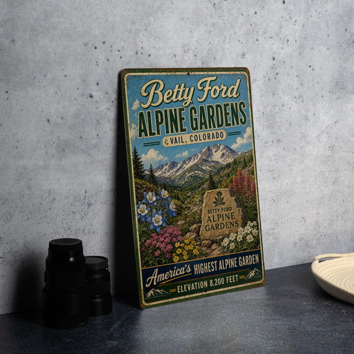 A vintage-style metal sign for Betty Ford Alpine Gardens in Colorado, featuring a scenic mountain landscape with colorful flowers and plants.