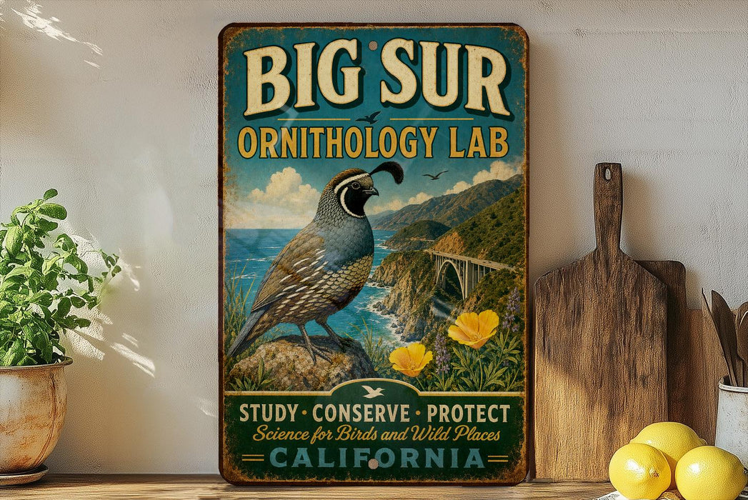 A vintage-style metal sign for the Big Sur Ornithology Lab, featuring a quail bird and a scenic landscape with a bridge and mountains.