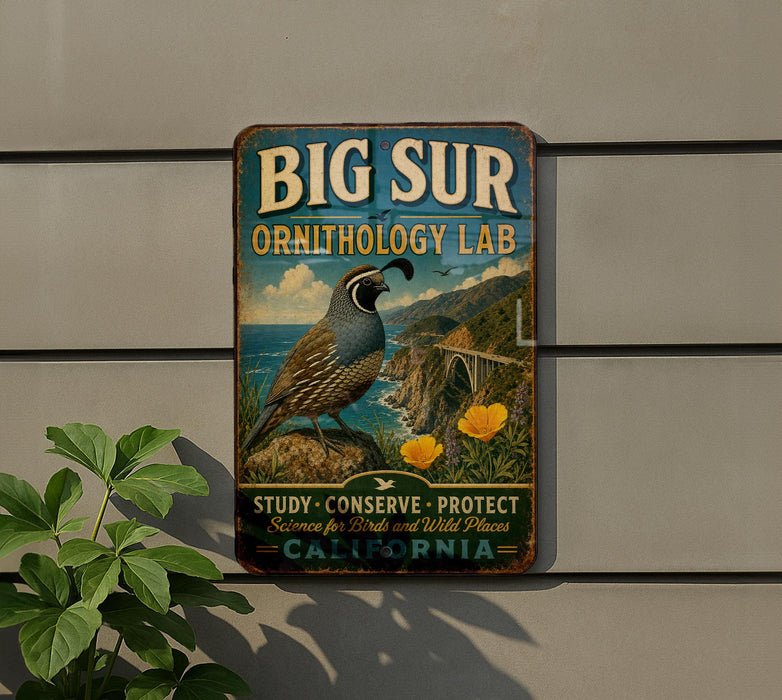 A vintage-style metal sign for the Big Sur Ornithology Lab, featuring a quail bird and a scenic landscape.