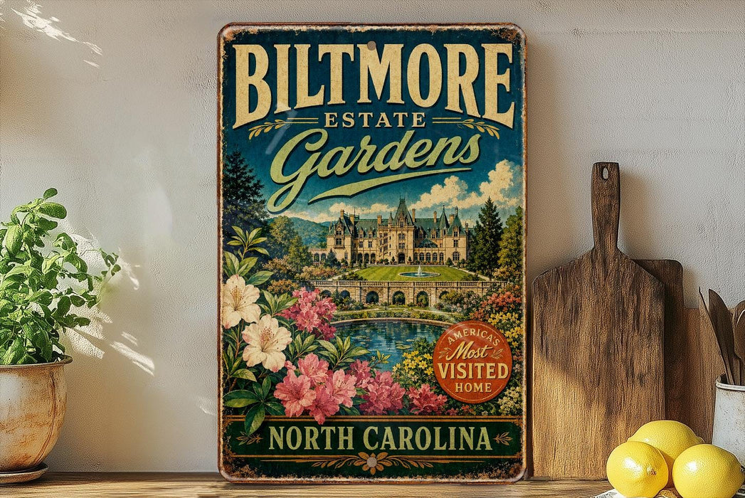A vintage-style metal sign for Biltmore Estate Gardens in North Carolina, featuring a castle and garden illustration.