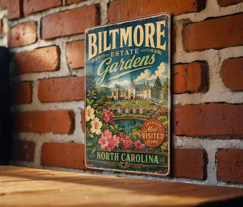 A vintage-style metal sign for the Baltimore Estate Gardens in North Carolina, featuring a castle and garden illustration.