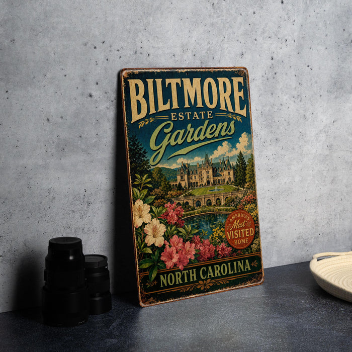 A vintage-style metal sign for the Baltimore Estate Gardens in North Carolina, featuring a castle and flowers, is displayed on a gray countertop.