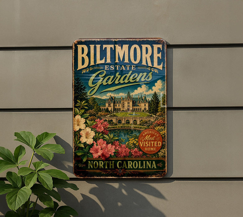 A vintage-style metal sign for the Biltmore Estate Gardens in North Carolina, featuring a castle and garden scene.