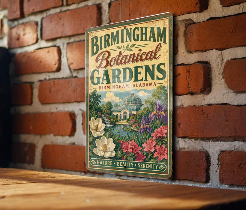 A vintage-style sign for the Birmingham Botanical Gardens in Alabama, featuring illustrations of flowers and a building with a dome.