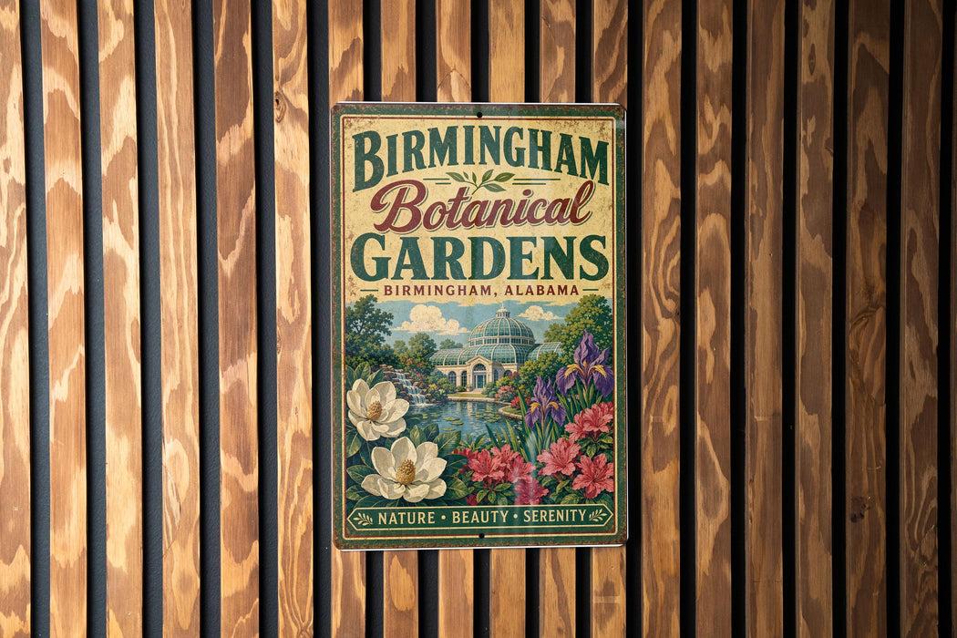 A vintage-style metal sign for the Birmingham Botanical Gardens in Birmingham, Alabama, featuring illustrations of flowers and a building.