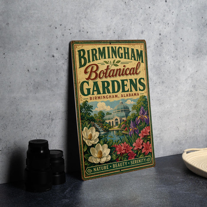 A vintage-style metal sign for the Birmingham Botanical Gardens in Birmingham, Alabama, featuring a garden scene with flowers and a building.