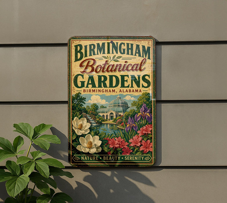 A vintage-style metal sign for the Birmingham Botanical Gardens in Birmingham, Alabama, featuring a garden scene with flowers and a building.
