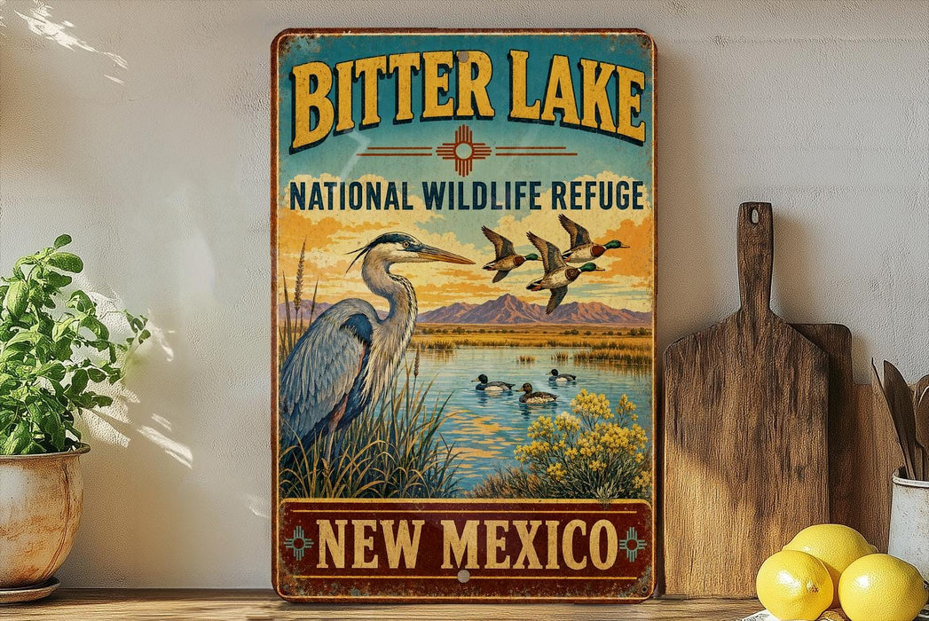 A vintage-style metal sign for Bitter Lake National Wildlife Refuge in New Mexico, featuring an illustration of a heron and ducks in a lake surrounded by mountains.