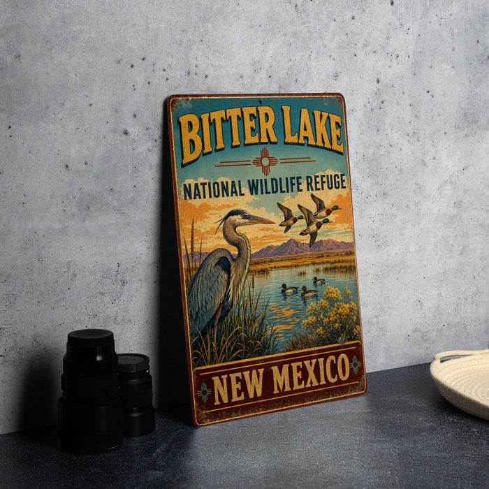 A vintage-style metal sign for the Bitter Lake National Wildlife Refuge in New Mexico, featuring an illustration of a heron and ducks in a lake.