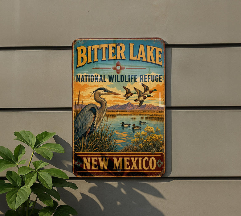 A vintage-style metal sign for the Bitter Lake National Wildlife Refuge in New Mexico, featuring a large heron and ducks in a grassy area with mountains in the background.