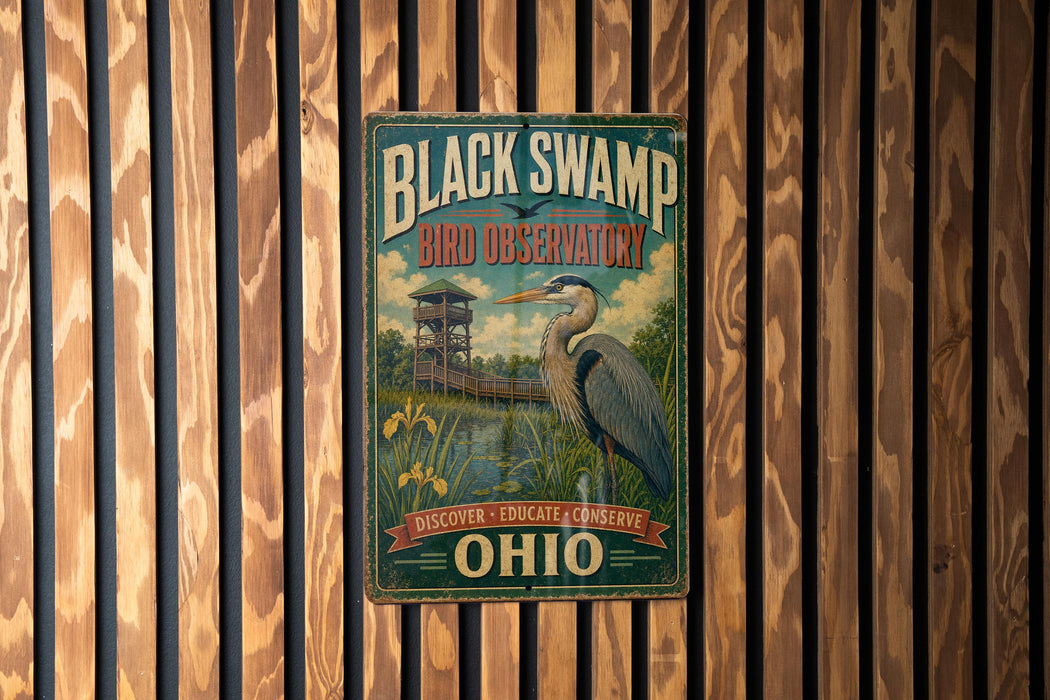A vintage-style metal sign for the Black Swamp Bird Observation in Ohio, featuring a large blue heron and a wooden structure in the background.