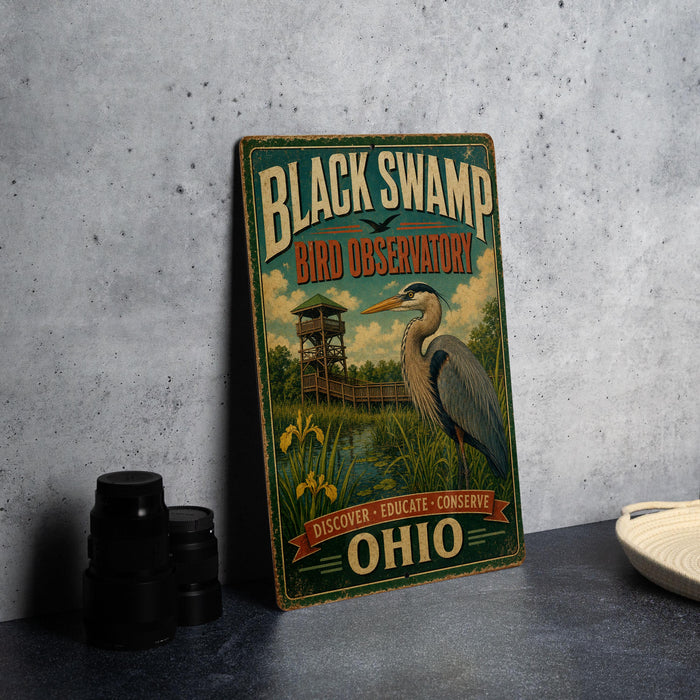 A vintage-style metal sign for the Black Swamp Bird Observatory in Ohio, featuring an illustration of a bird and a wooden structure.