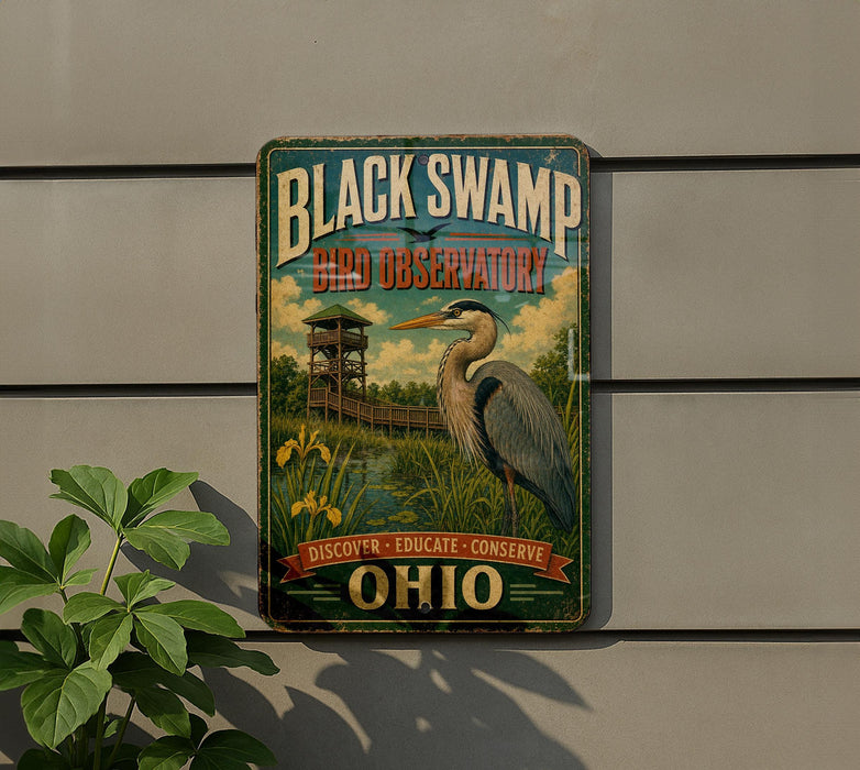 A vintage-style metal sign for the Black Swamp Bird Observation in Ohio, featuring a large heron and a wooden observation tower.