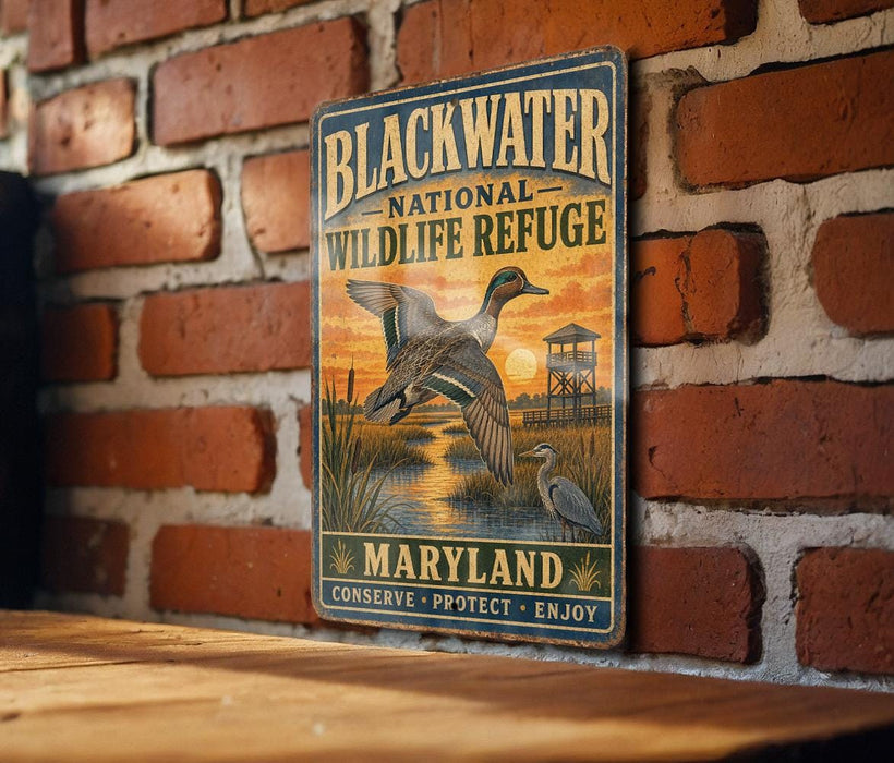 A vintage-style metal sign for the Blackwater National Wildlife Refuge in Maryland, featuring an illustration of ducks and a sunset landscape.
