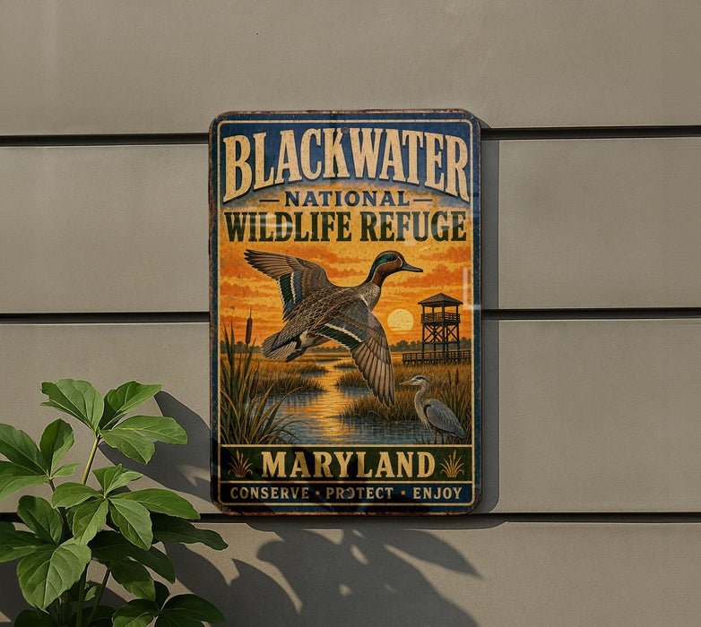 A metal sign with a bird illustration and text, mounted on a wall next to a plant.