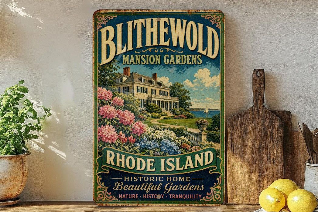 A vintage-style sign for Blithwold Mansion Gardens in Rhode Island, featuring a large house surrounded by colorful flowers and a serene landscape.