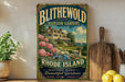 A vintage-style sign for Blithwold Mansion Gardens in Rhode Island, featuring a large house surrounded by colorful flowers and a serene landscape.